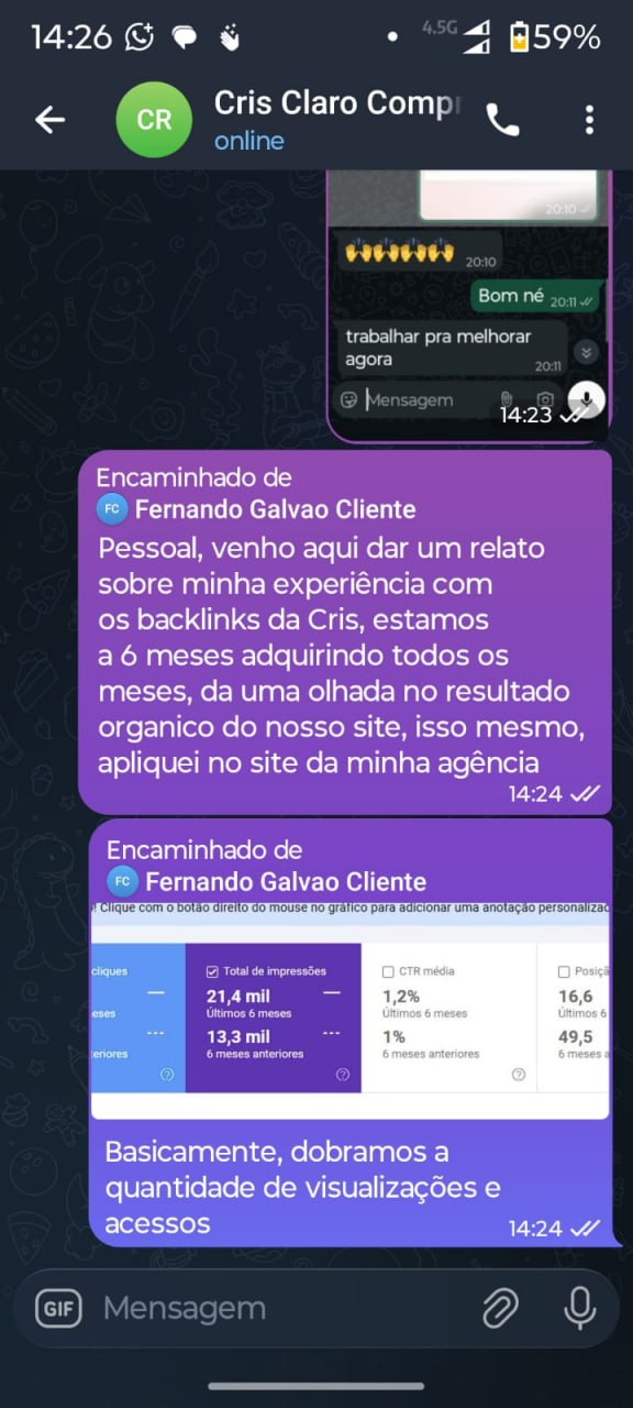 Depoimento com gráfico do Search Console sobre crescimento orgânico
