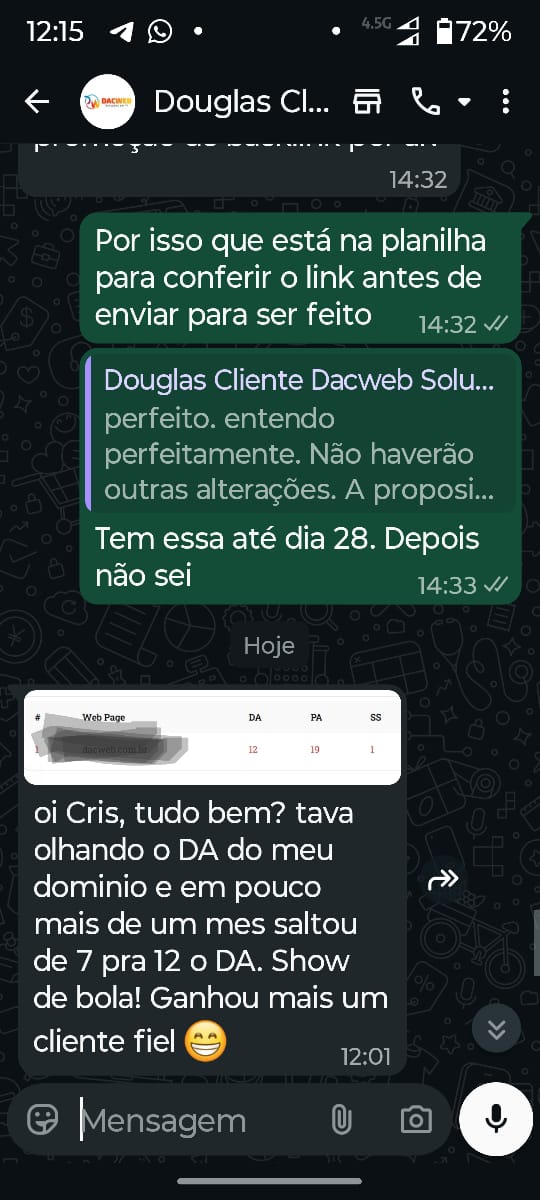 Depoimento sobre aumento de DA em projeto de SEO