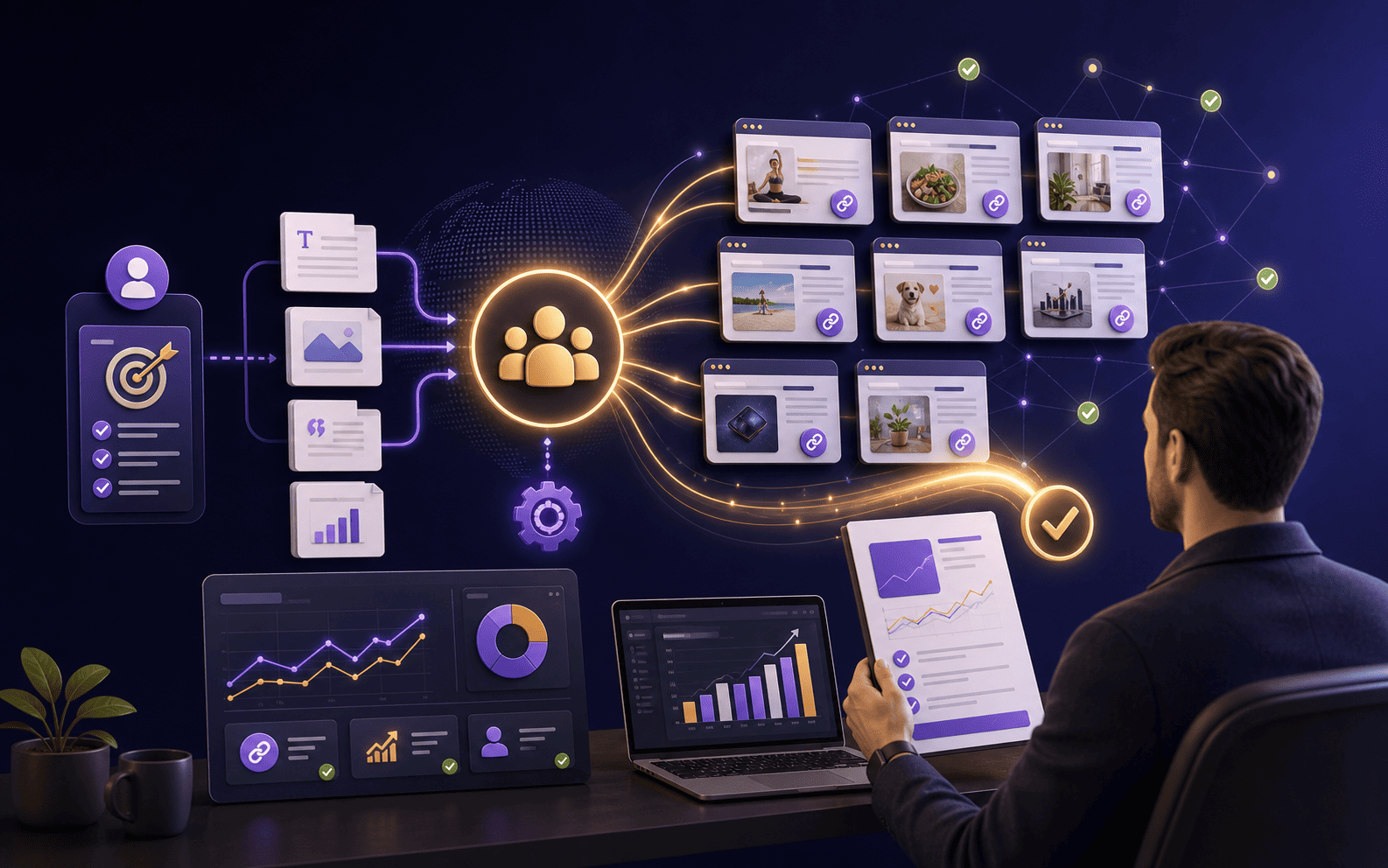 Ilustração de uma operação White Label de SEO com conteúdo, portais e relatórios conectados