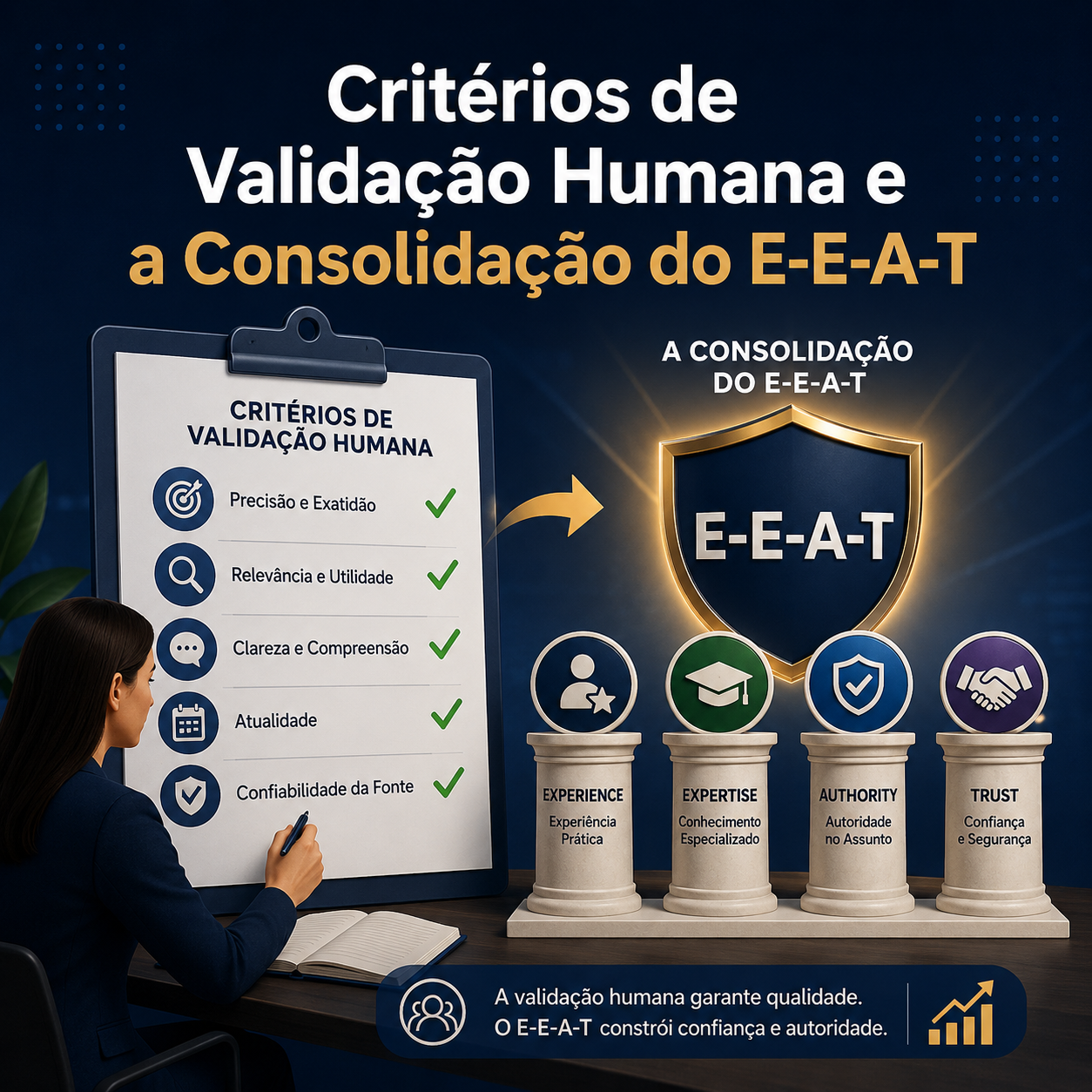 Infográfico sobre validação humana e E-E-A-T, mostrando uma lista de critérios de qualidade que levam aos pilares de Experiência, Expertise, Autoridade e Confiança, representados por um escudo central.