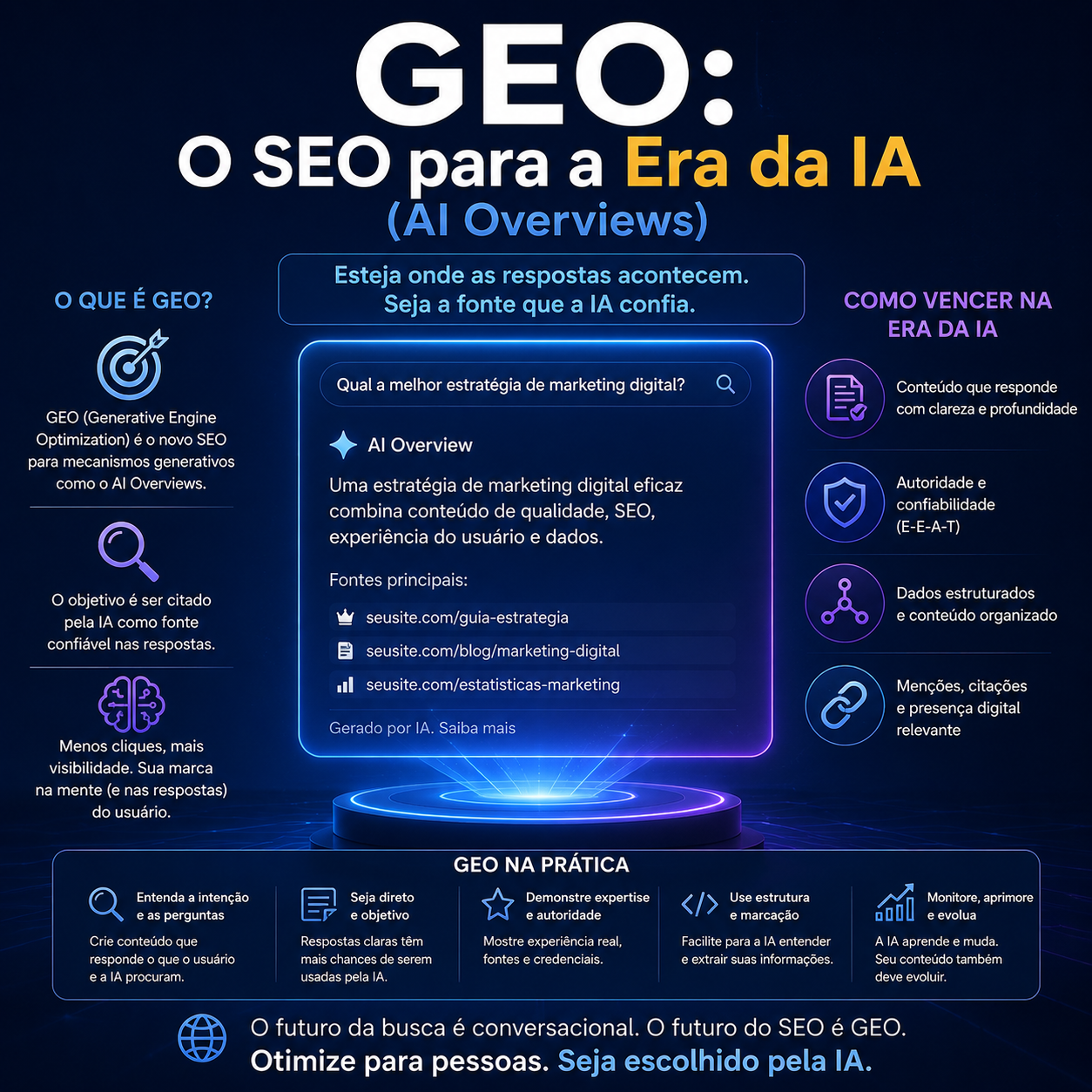 Infográfico sobre a evolução da autoridade de domínio, mostrando a transição de links e backlinks para relevância, menções, confiança e credibilidade como principais sinais de autoridade na era da IA.